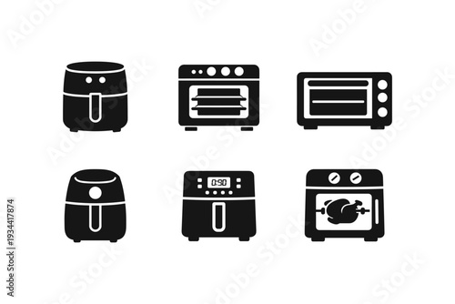 Collection of kitchen appliance icons including air fryers and ovens