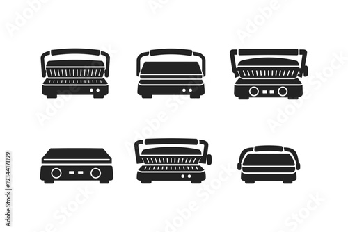 Collection of black sandwich maker and grill icons on a white background