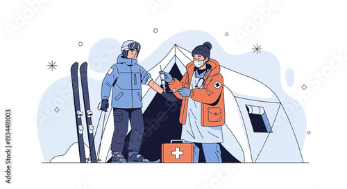 Medical Professional Administering Vaccine to Skier in Snowy Tent