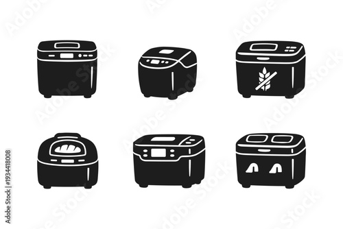 Various models of rice cookers in black silhouette design