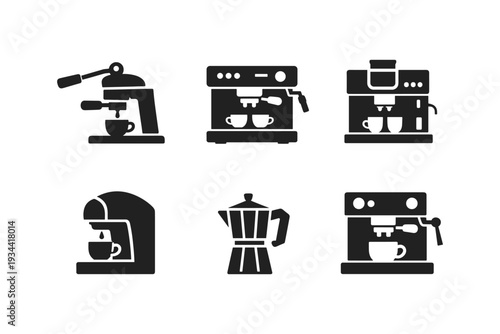 Collection of different coffee maker icons and silhouettes for brewing espresso and coffee