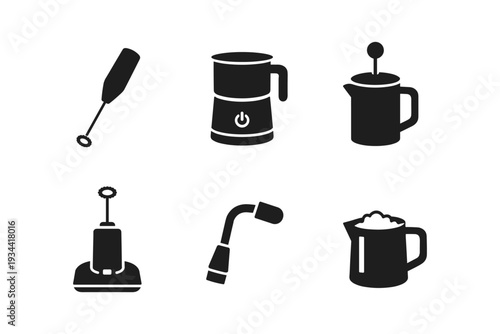 Collection of icons representing various milk frothing and steaming devices for coffee preparation
