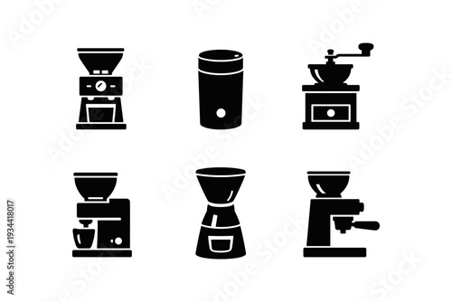Collection of six different coffee grinder icons in black and white silhouette style