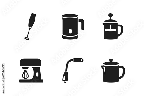 Various kitchen appliances and tools in black silhouette style