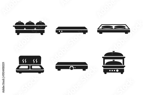 Collection of six black icons representing different types of chafing dishes and food warmers