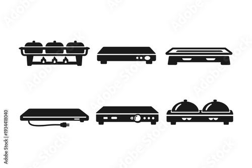 Collection of six different chafing dish and food warmer icons in black and white