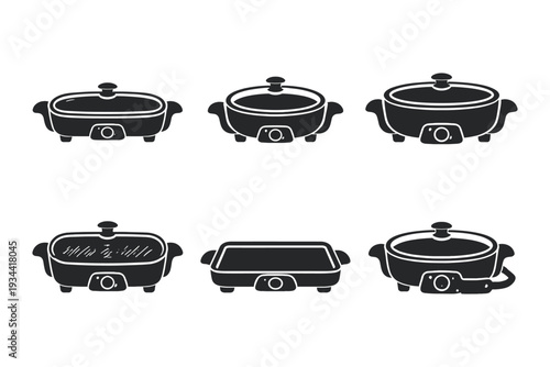 Collection of electric skillet and griddle icons in a simple black and white silhouette style
