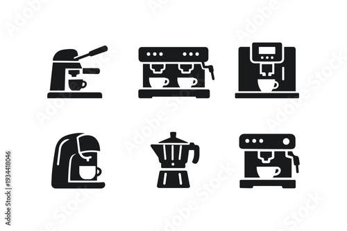 Collection of six different coffee maker icons in a simple black and white graphic style