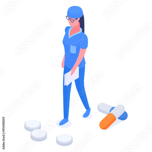 Female medical worker. Isometric doctor or nurse with huge drugs, hospital health care, doctor character flat vector illustration. Health care medical staff isolated on white background