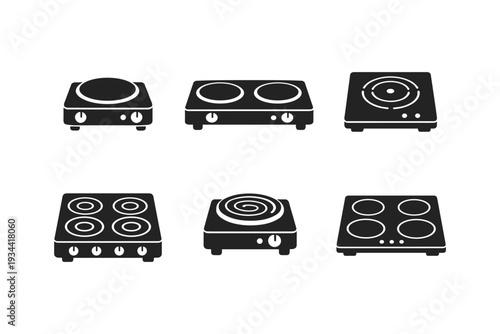 Collection of six different portable electric stove top icons on a white background