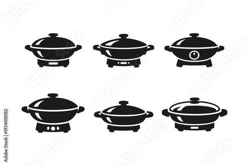 Collection of six black electric hot pot icons on a white background