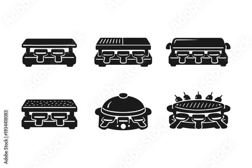 Collection of diverse chafing dishes and food warmers in a simple black and white icon set