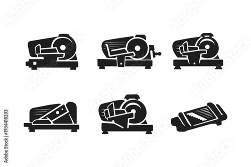 Collection of six black icons representing different types of food slicers and mandolines
