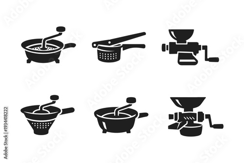 Collection of six black and white icons representing kitchen food processing tools