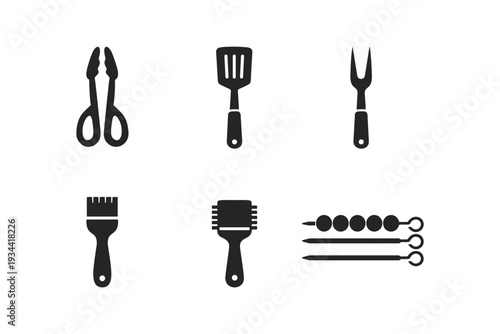 Collection of barbecue grilling tools icons, including tongs, spatula, fork, and skewers