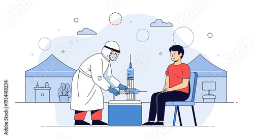 Medical Professional Administers Vaccine to Patient in Outdoor Clinic Setting