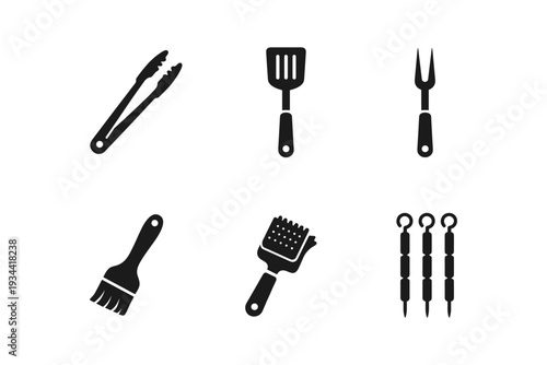 Collection of black barbecue grill tools and accessories icons on white background