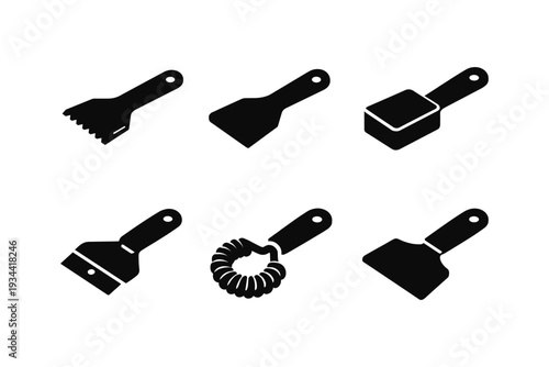 Collection of six black silhouette icons representing various scraping and cleaning tools