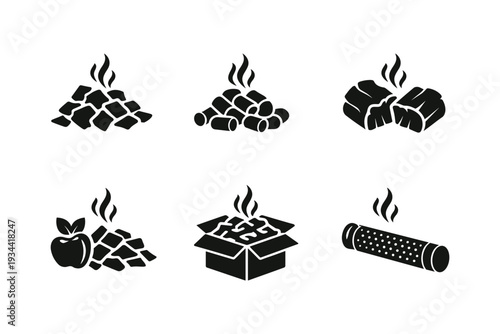 Collection of black icons representing different types of charcoal and fuel for grilling and smoking