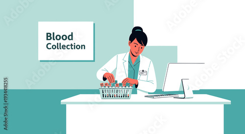Medical Professional Arranging Blood Sample Tubes at Desk with Computer