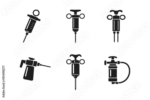 Collection of six black silhouette icons representing various types of syringes and injectors