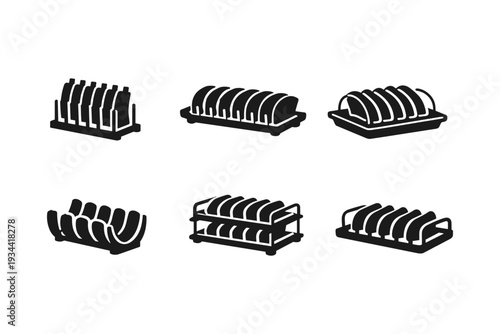 Collection of black icons representing different plate racks and dish drying organizers