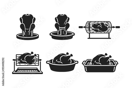 Collection of roasted chicken icons showing different cooking methods and presentation styles