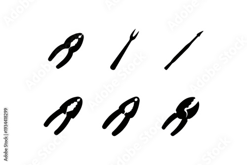 Collection of black silhouette icons for seafood and nut cracking tools