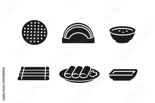 Collection of six simple black icons representing food and dining items on a white background
