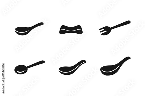 Collection of black icons representing various spoons and a fork on a white background