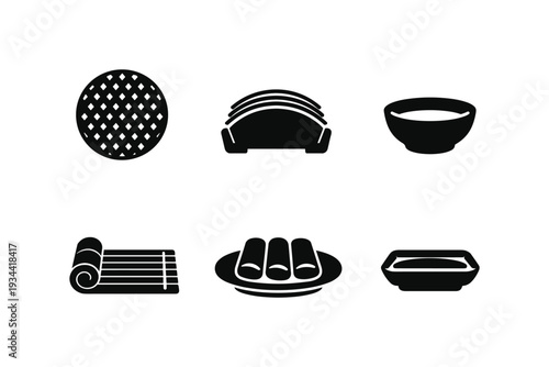 Collection of simple black icons representing food preparation and serving items