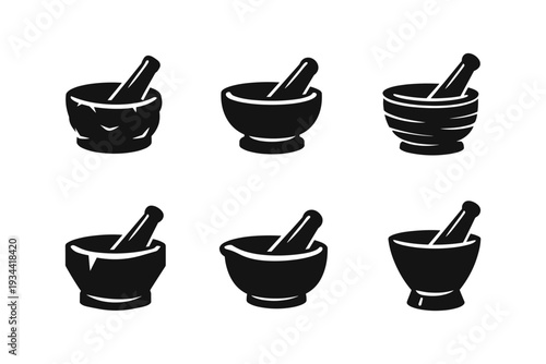 Collection of six black mortar and pestle icons on a white background