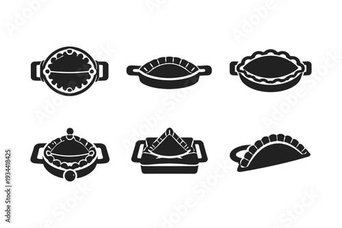 Collection of black and white icons representing various pies and pastries in baking dishes