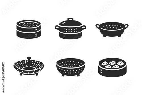 Collection of six black and white icons representing various steaming and straining kitchenware