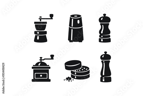 Black silhouette kitchen tools for grinding spices and seasonings