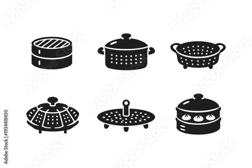 Collection of kitchen steaming and straining tools in a simple black and white icon set