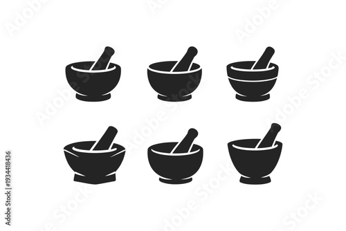 Collection of six black mortar and pestle icons on a white background