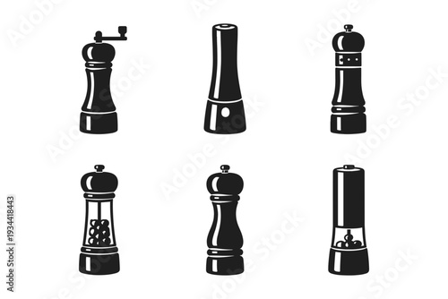 Stylized black pepper mills collection for culinary design or decor