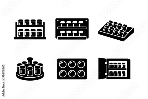 Collection of six different spice rack and organizer icons in black and white
