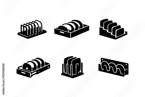 Collection of six different black and white icons representing various dish drying racks