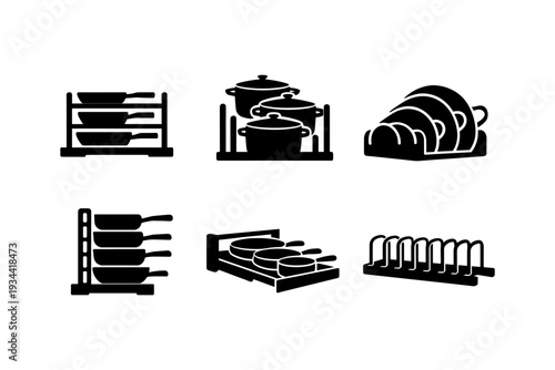 Collection of kitchenware organizers for pots, pans, and plates