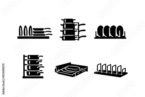 Collection of kitchenware organizers for pots, pans, and plates in a clean icon style