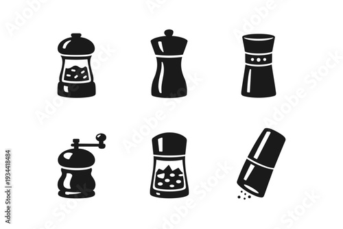 Collection of black icons representing various pepper and salt grinders and shakers