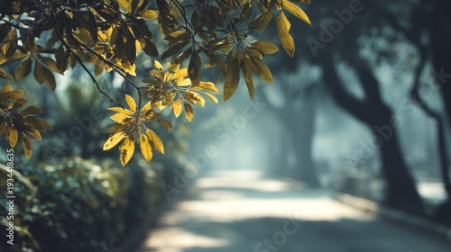 Ethereal road view with golden leaves in a vintage atmospheric scenery