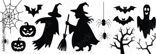 Halloween silhouettes collection with witches pumpkins bats spiders ghost web and spooky trees for horror theme decoration illustration isolated design