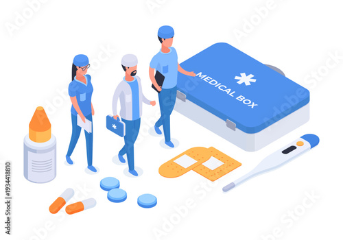 Isometric health care workers. Medical elements and hospital doctor characters, medical staff and health supplies 3d vector illustration. Healthcare medical scene