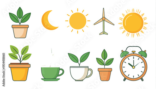 minimalist eco energy and growth icons set with sunlight and clock