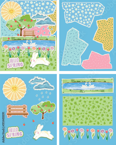 Cute spring kids scrapbooking set with watercolor floral elements