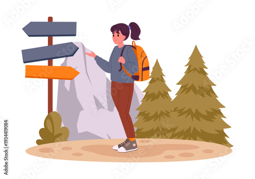 Woman stand at route sign. Hiking active female tourist with wooden signboards, female character outdoor adventure, trekking and backpacking flat vector illustration. Girl hiking on trail