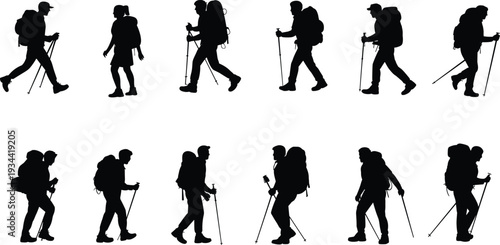 Hikers silhouettes set with backpacks and trekking poles isolated on white background, outdoor adventure, hiking expedition, travel lifestyle, mountaineering activity concept